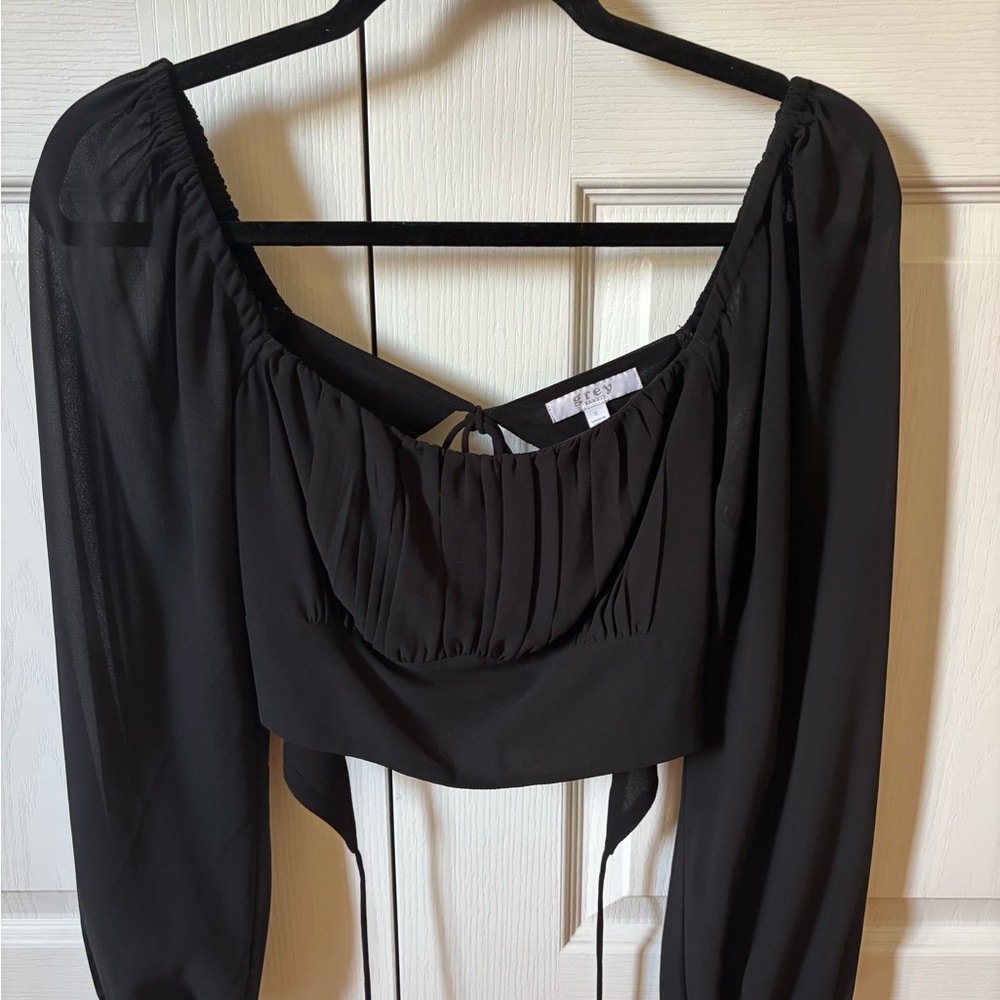 Elegant Black Crop Blouse with Ruched Tie Front